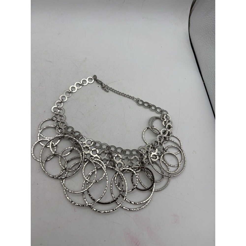 Silver Tone Hammered Multi Hoop Bib Statement Necklace Adjustable Boho